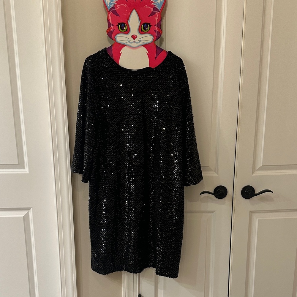 Chico's Black Shimmering Sequin 3/4 bell sleeve dress